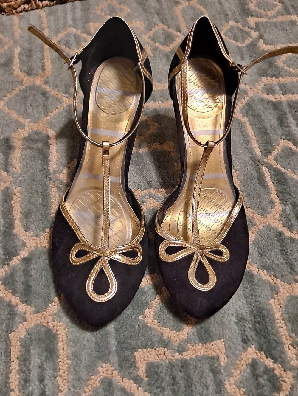 Black and Gold T-Strap Dress Heels
